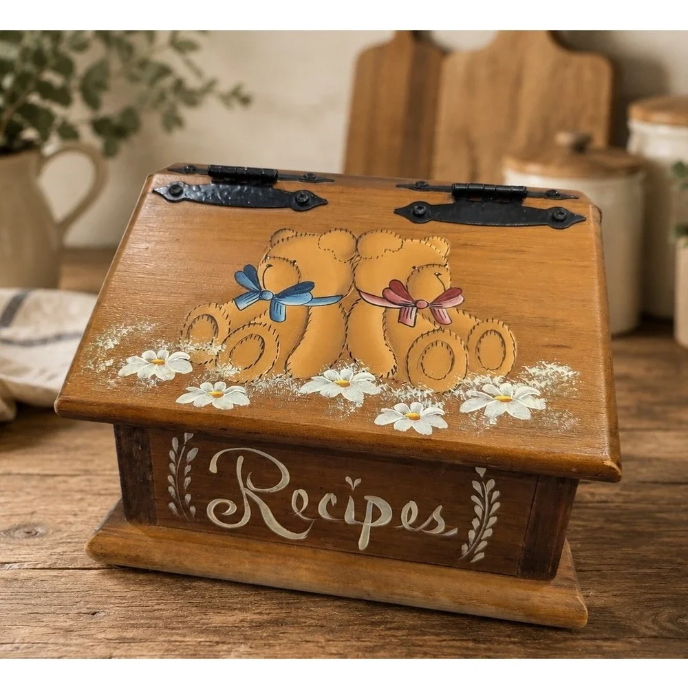 Vintage Recipe Box Brown Hand Painted Teddy Bear Wood Folk Art